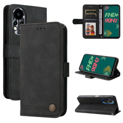 Black leather wallet phone case with metal button, folio cover and viewing stand