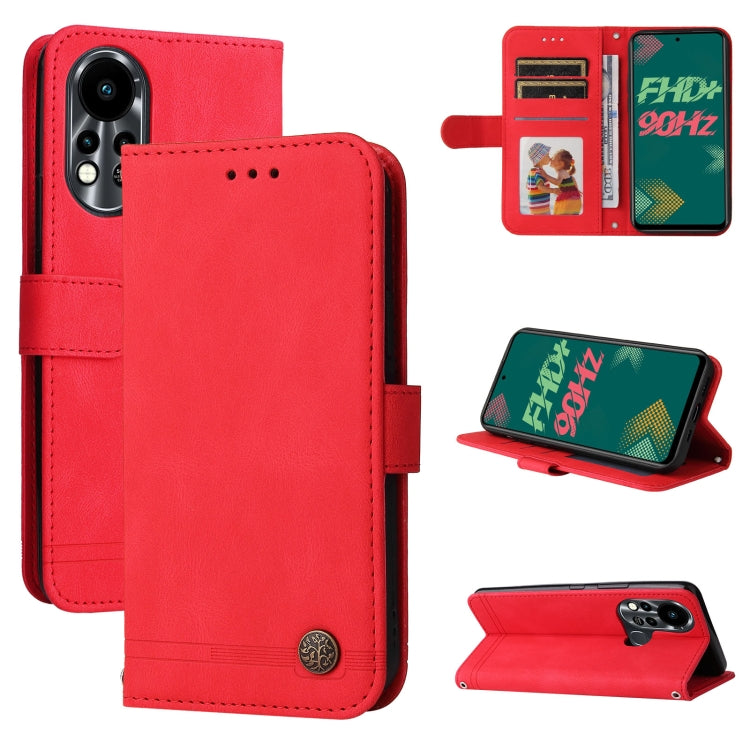 Red leather flip phone case with metal button, card slots, and kickstand view