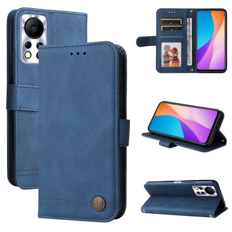 Blue leather flip phone case with metal button, card slots, and kickstand view