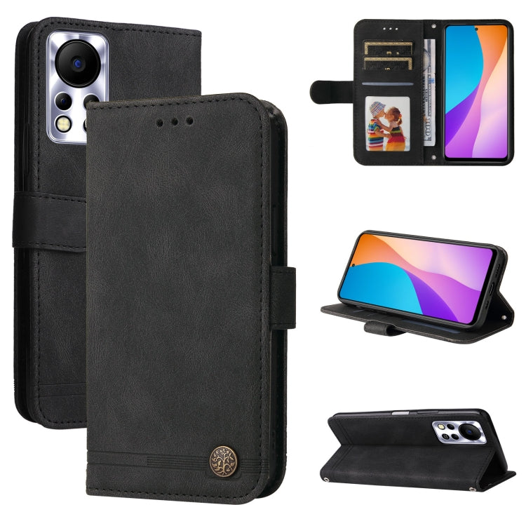Black leather flip phone case with metal button, card slots, and kickstand view