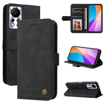 Black leather flip phone case with metal button, card slots, and kickstand view