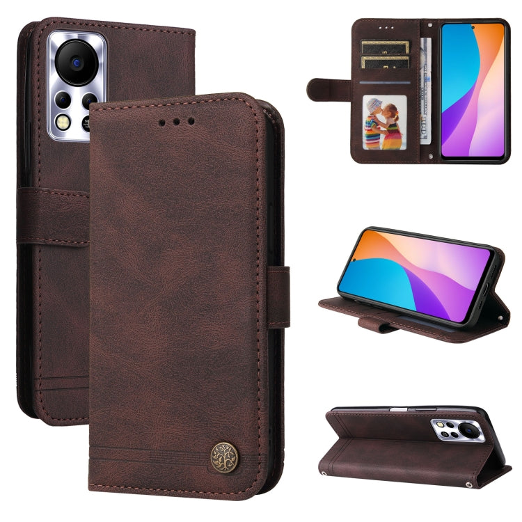 Brown leather flip phone case with metal button, card slots, and kickstand view