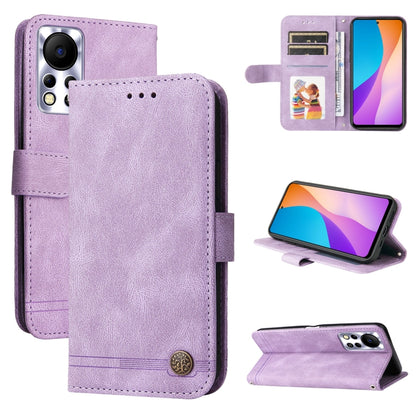 Purple leather flip phone case with metal button, card slots, and kickstand view