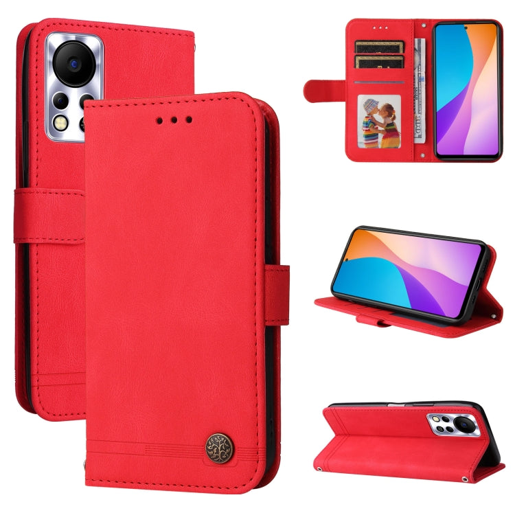 Red leather flip phone case with metal button, card slots, and kickstand view