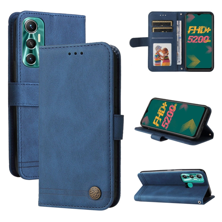 Blue leather flip phone case with metal button, card slots, and kickstand view