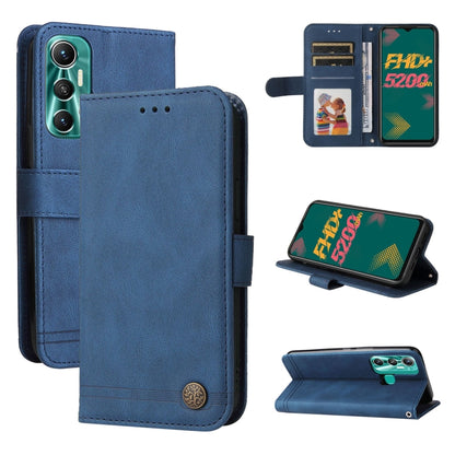 Blue leather flip phone case with metal button, card slots, and kickstand view