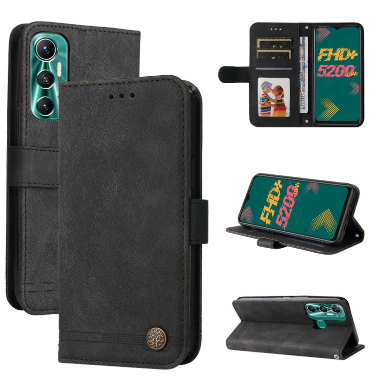 Black leather flip phone case with metal button, card slots, and kickstand view