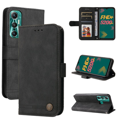 Black leather flip phone case with metal button, card slots, and kickstand view
