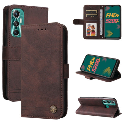 Brown leather flip phone case with metal button, card slots, and kickstand view