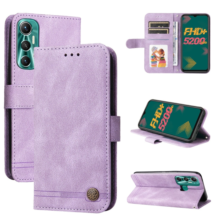 Purple leather flip phone case with metal button, card slots, and kickstand view