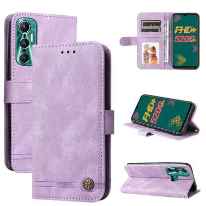 Purple leather flip phone case with metal button, card slots, and kickstand view