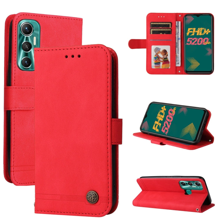 Red leather phone case with metal button, card slots, and fold-out stand for protection