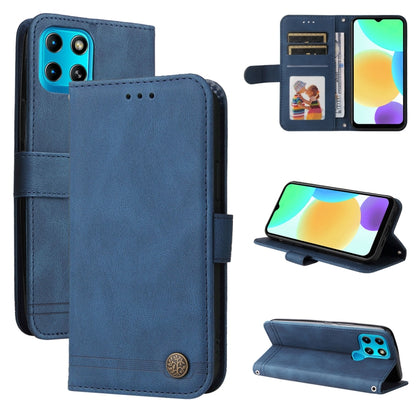 Blue leather flip phone case with metal button, card slots, and kickstand for protection