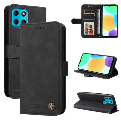 Black leather phone wallet case with metal button, card slots, and fold-out stand