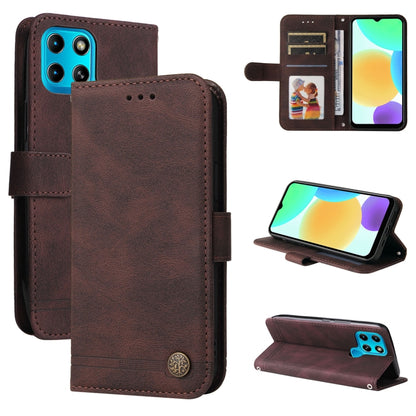 Brown leather flip phone case with metal button, card slots, and kickstand protection