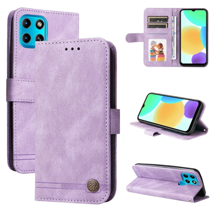 Purple leather flip phone case with metal button, card slots, and fold-out stand