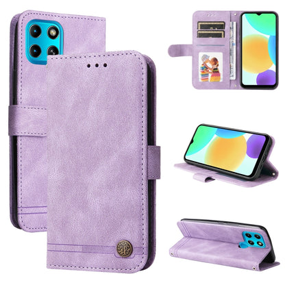 Purple leather flip phone case with metal button, card slots, and fold-out stand