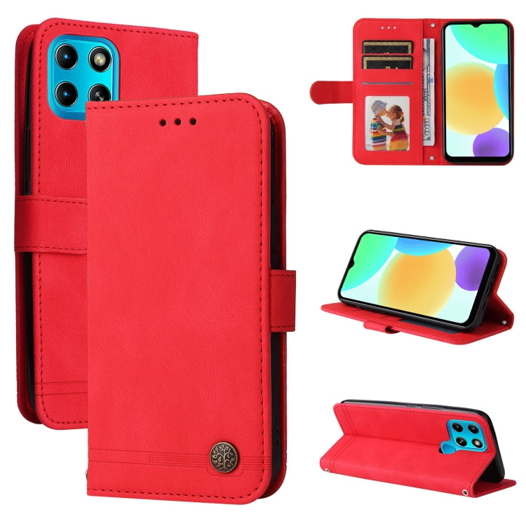 Red leather phone wallet case with metal button, card slots, and viewing kickstand