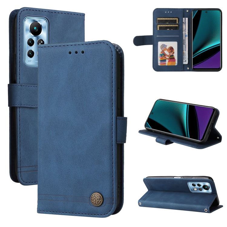Blue leather phone case with metal button, card slots, and fold-out stand for daily use