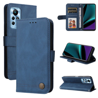 Blue leather phone case with metal button, card slots, and fold-out stand for daily use