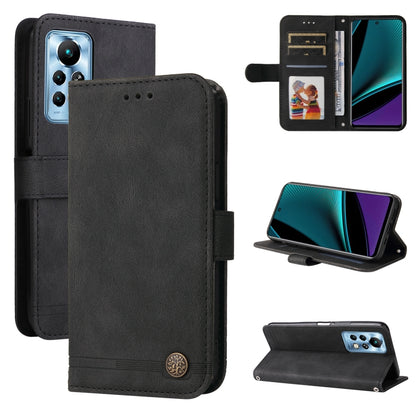 Black leather phone wallet case with metal button, card slots, and kickstand viewing