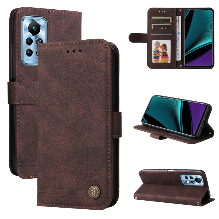 Brown leather flip phone case with metal button, card slots, and fold-out kickstand