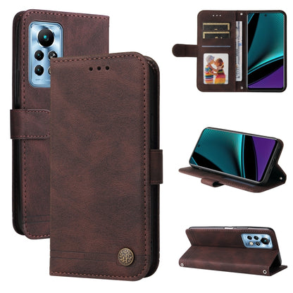 Brown leather flip phone case with metal button, card slots, and fold-out kickstand