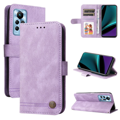 Purple leather flip phone case with metal button, card slots, and fold-out stand