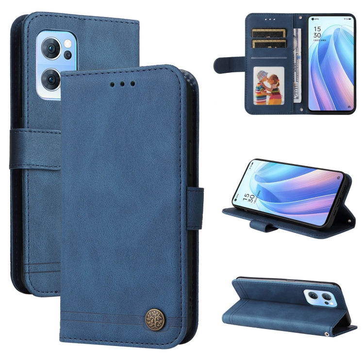 Blue leather folio phone case with metal button, card slots, and kickstand.