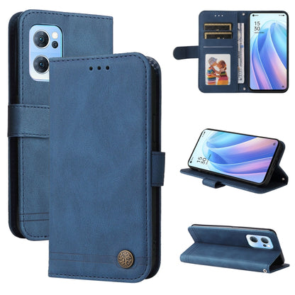 Blue leather folio phone case with metal button, card slots, and kickstand.