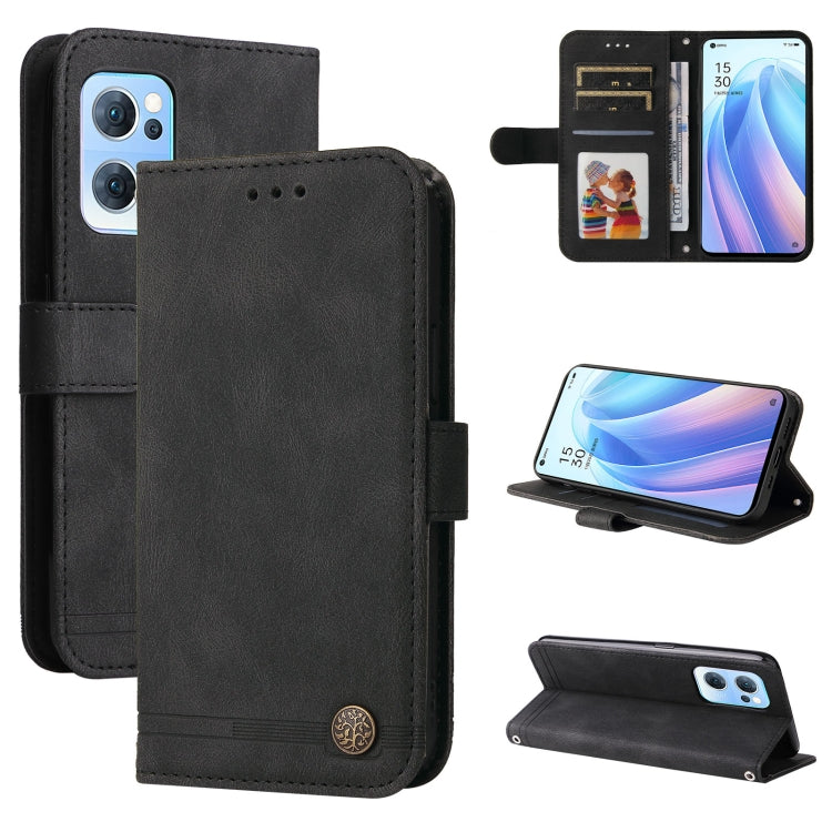 Black leather folio phone case with metal button, card slots, and kickstand.