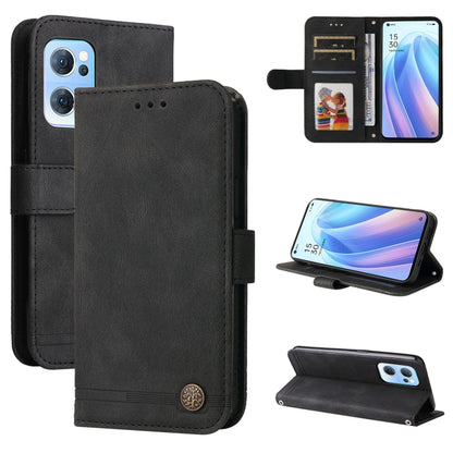 Black leather folio phone case with metal button, card slots, and kickstand.