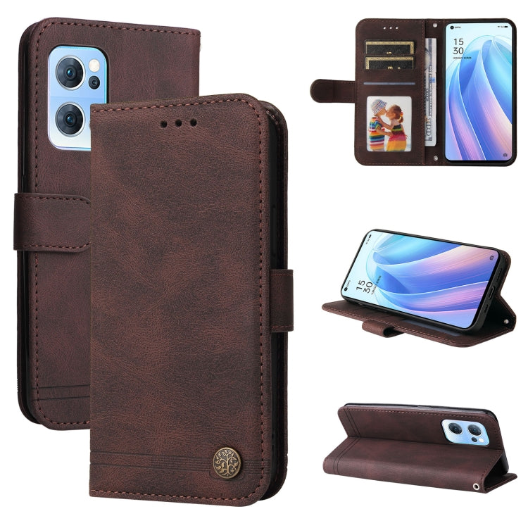 Brown leather folio phone case with metal button, card slots, and kickstand.