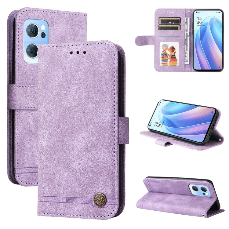 Purple leather folio phone case with metal button, card slots, and kickstand.