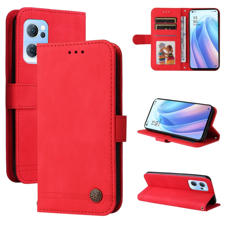 Red leather phone wallet case with flap, metal button, card slots, and kickstand.