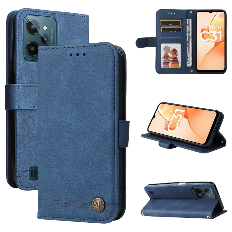 Blue leather folio phone case with metal button, card slots, and stand.