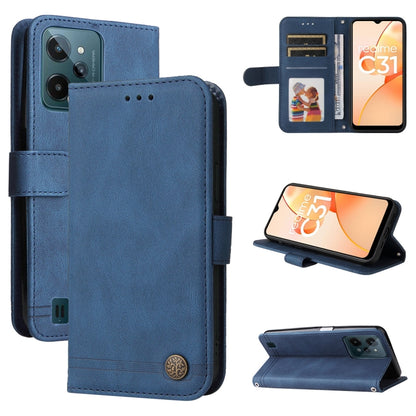 Blue leather folio phone case with metal button, card slots, and stand.