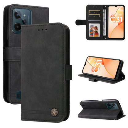 Black leather folio phone case with metal button, card slots, and stand.