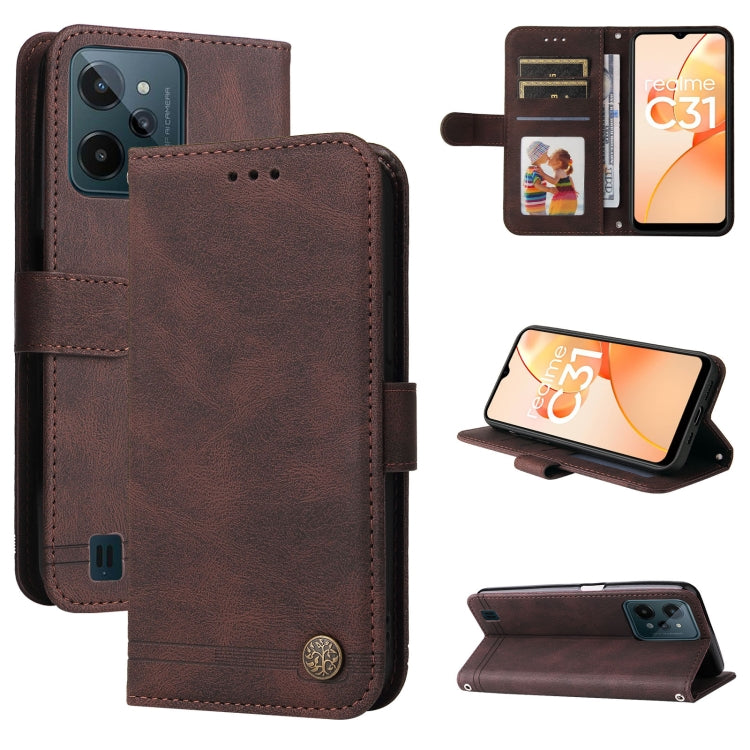 Brown leather folio phone case with metal button, card slots, and stand.