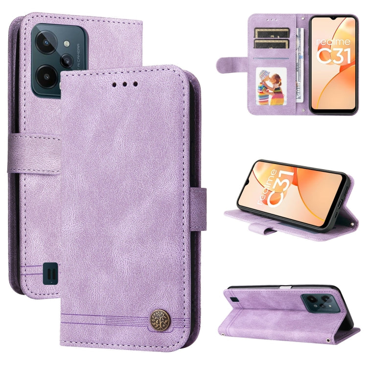 Purple leather folio phone case with metal button, card slots, and stand.