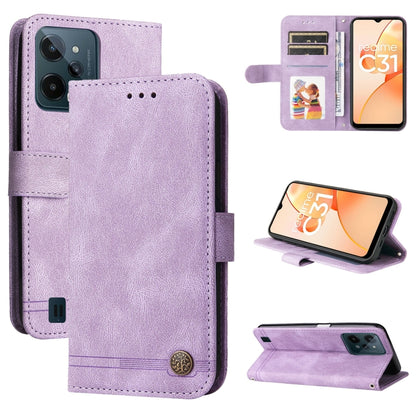 Purple leather folio phone case with metal button, card slots, and stand.