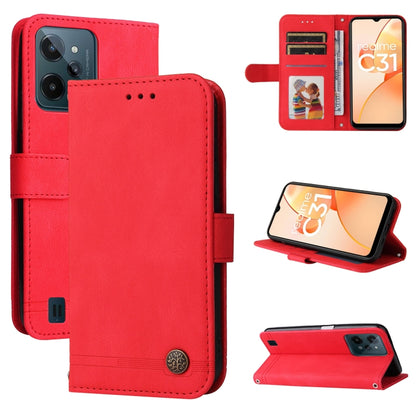 Red leather wallet phone case with metal button, card slots, and stand cover