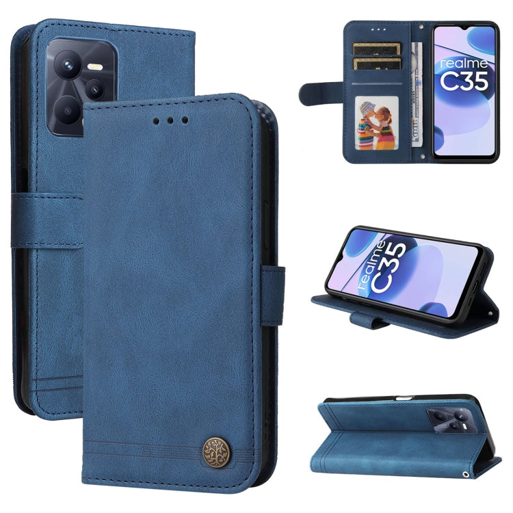 Blue leather wallet phone case with metal button, card slots, and foldout stand