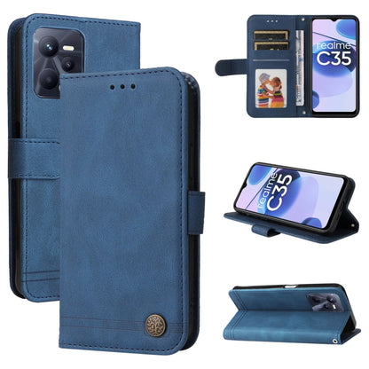 Blue leather wallet phone case with metal button, card slots, and foldout stand