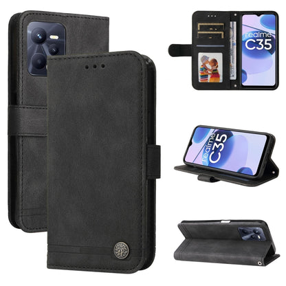 Black leather wallet phone case with metal button, card slots, and viewing stand