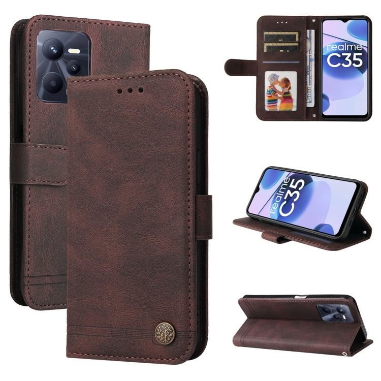 Brown leather wallet phone case with metal button, card slots, and flip stand