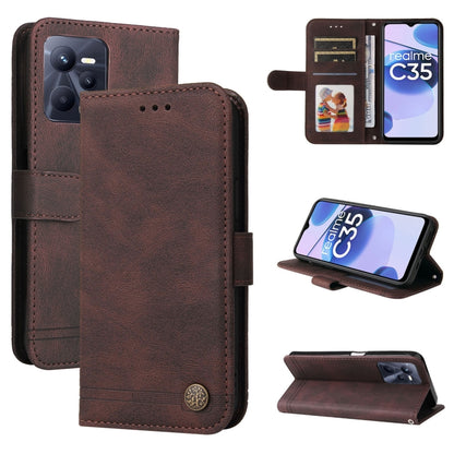 Brown leather wallet phone case with metal button, card slots, and flip stand