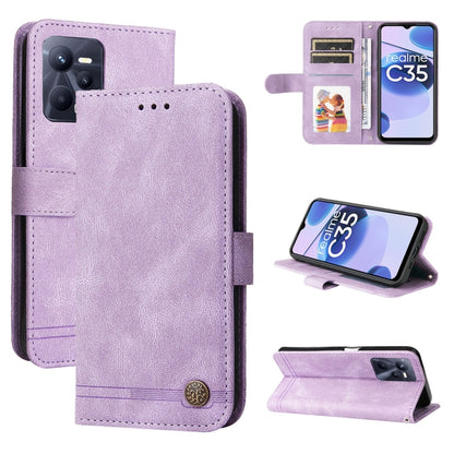 Purple leather wallet phone case with metal button, card slots, and flip stand