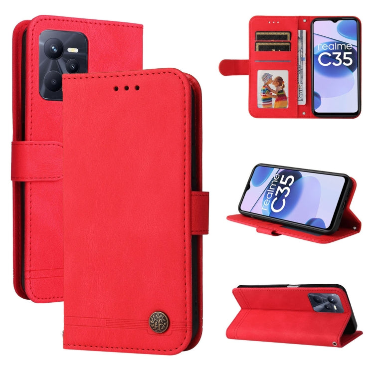 Red leather folio phone case with metal button and card holder, front and stand views