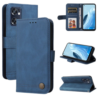 Blue leather folio phone case with metal button, card slots, and hands-free stand